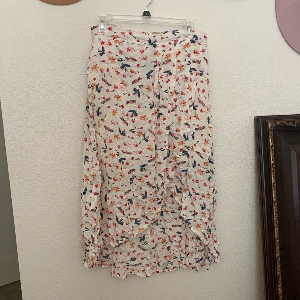 Floral and bird midi skirt with slit and liner